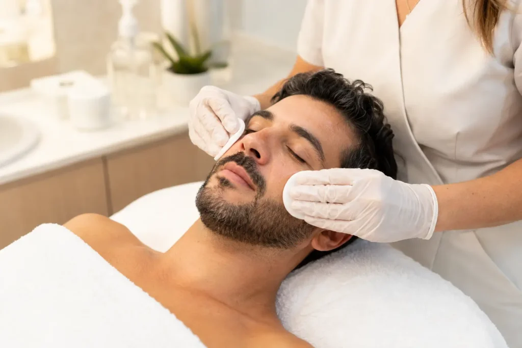 Homem realizando limpeza de pele masculina com profissional de estética