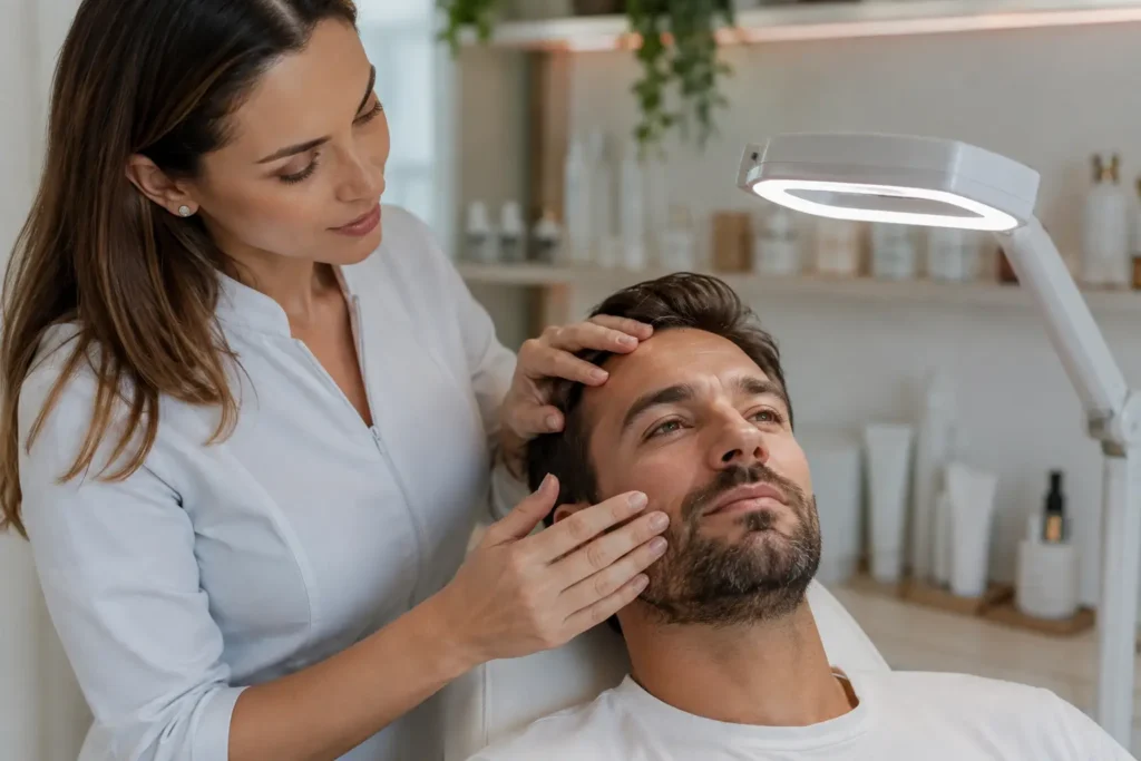 Avaliação profissional da pele masculina antes da limpeza de pele