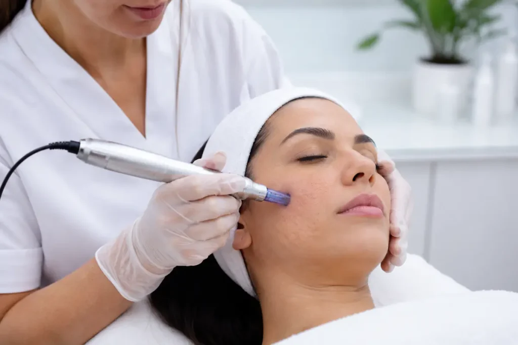 Profissional realizando microagulhamento com Dermapen em cicatriz de acne
