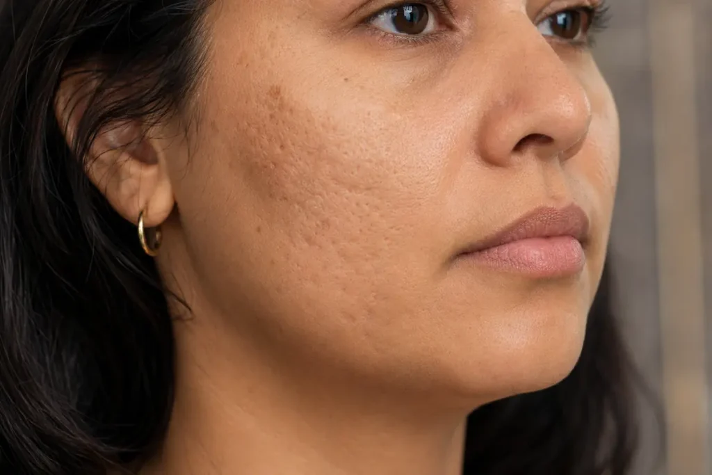 Textura da pele com cicatrizes atróficas de acne na região da bochecha