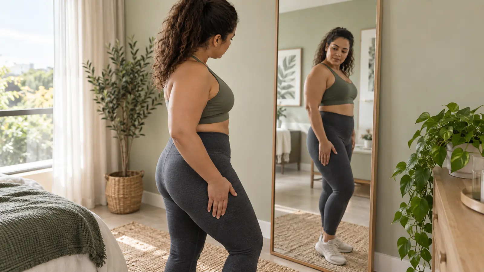 Mulher observando o corpo para compreender como a celulite se forma
